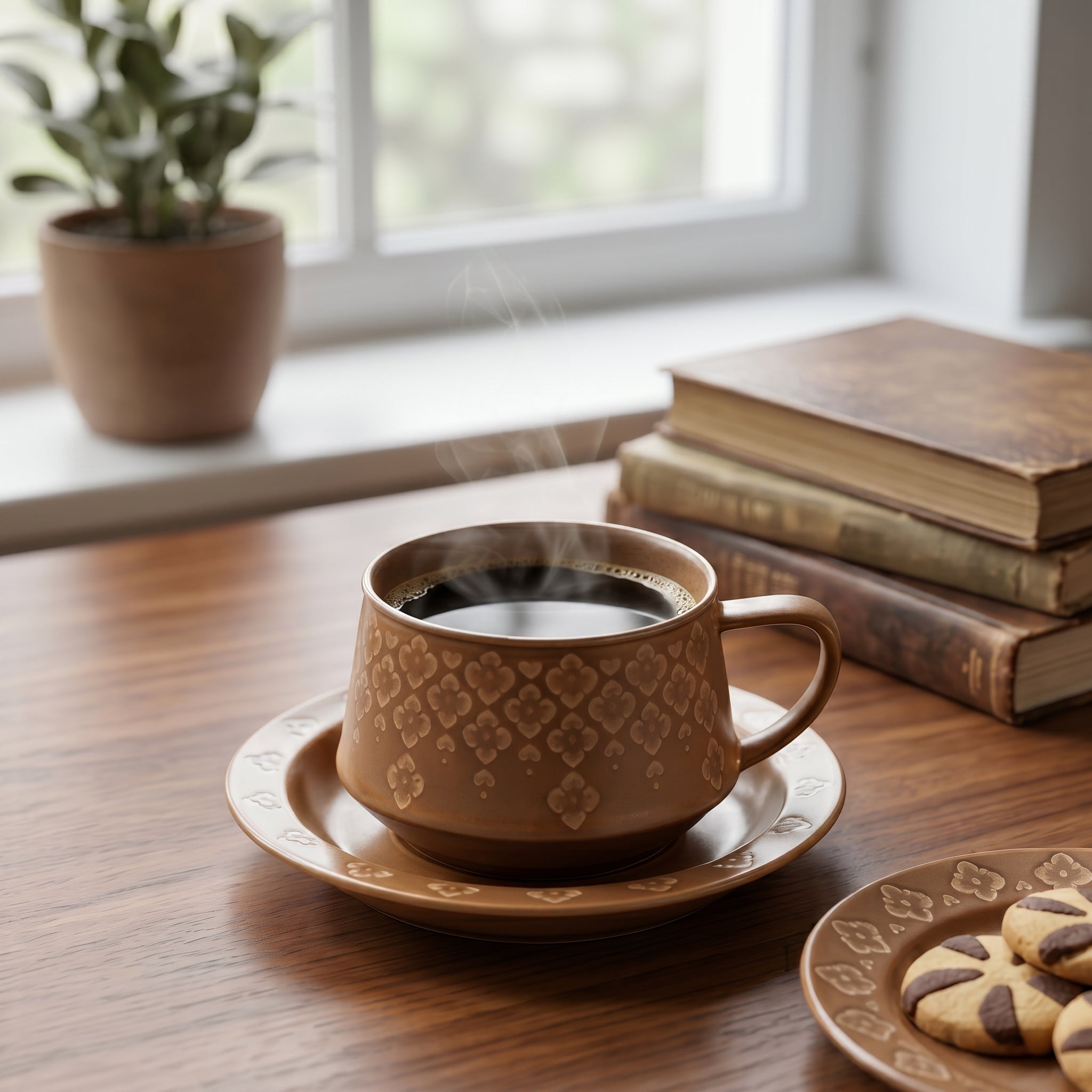 Caramel Floral Ceramic Cup & Saucer Set