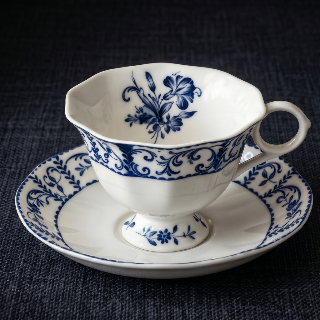 Classic Blue and White Floral Porcelain Teacup and Saucer Set