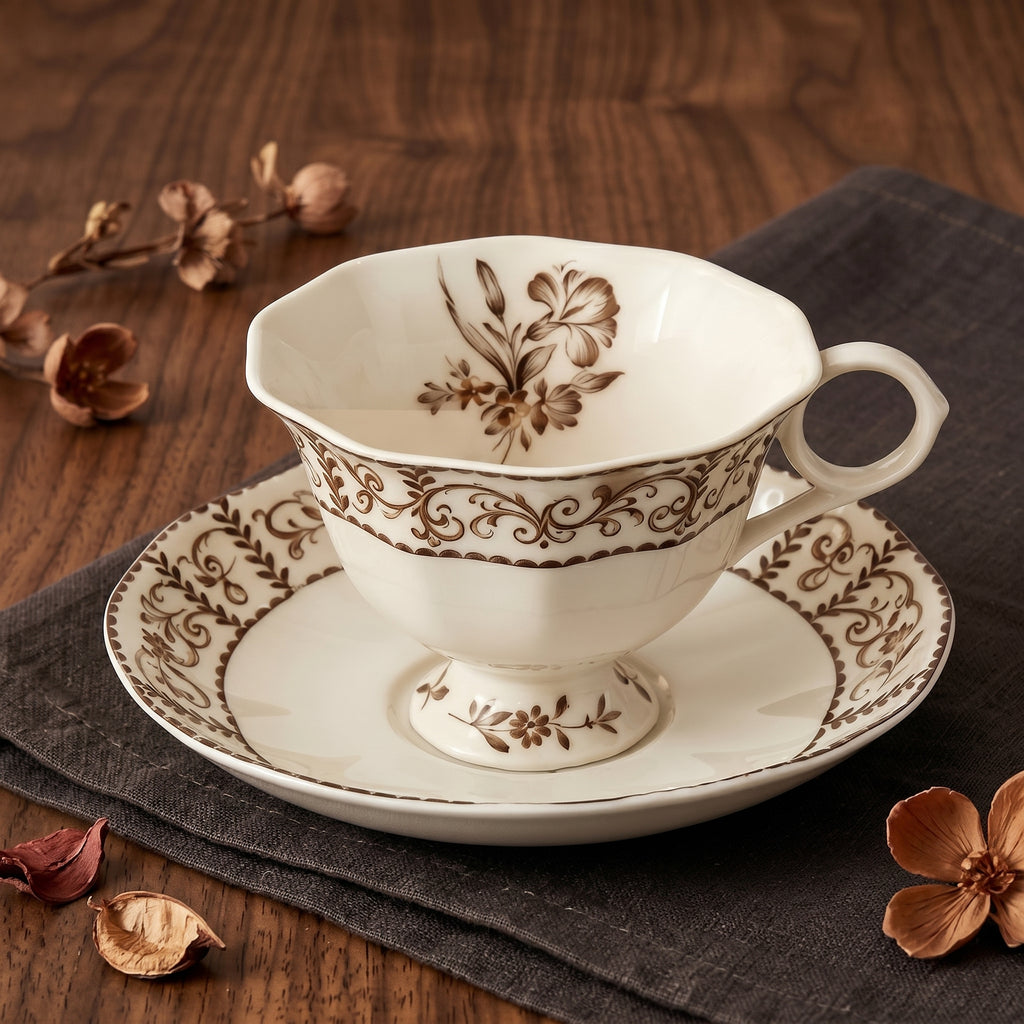 Brown Floral Vintage Porcelain Teacup & Saucer Set