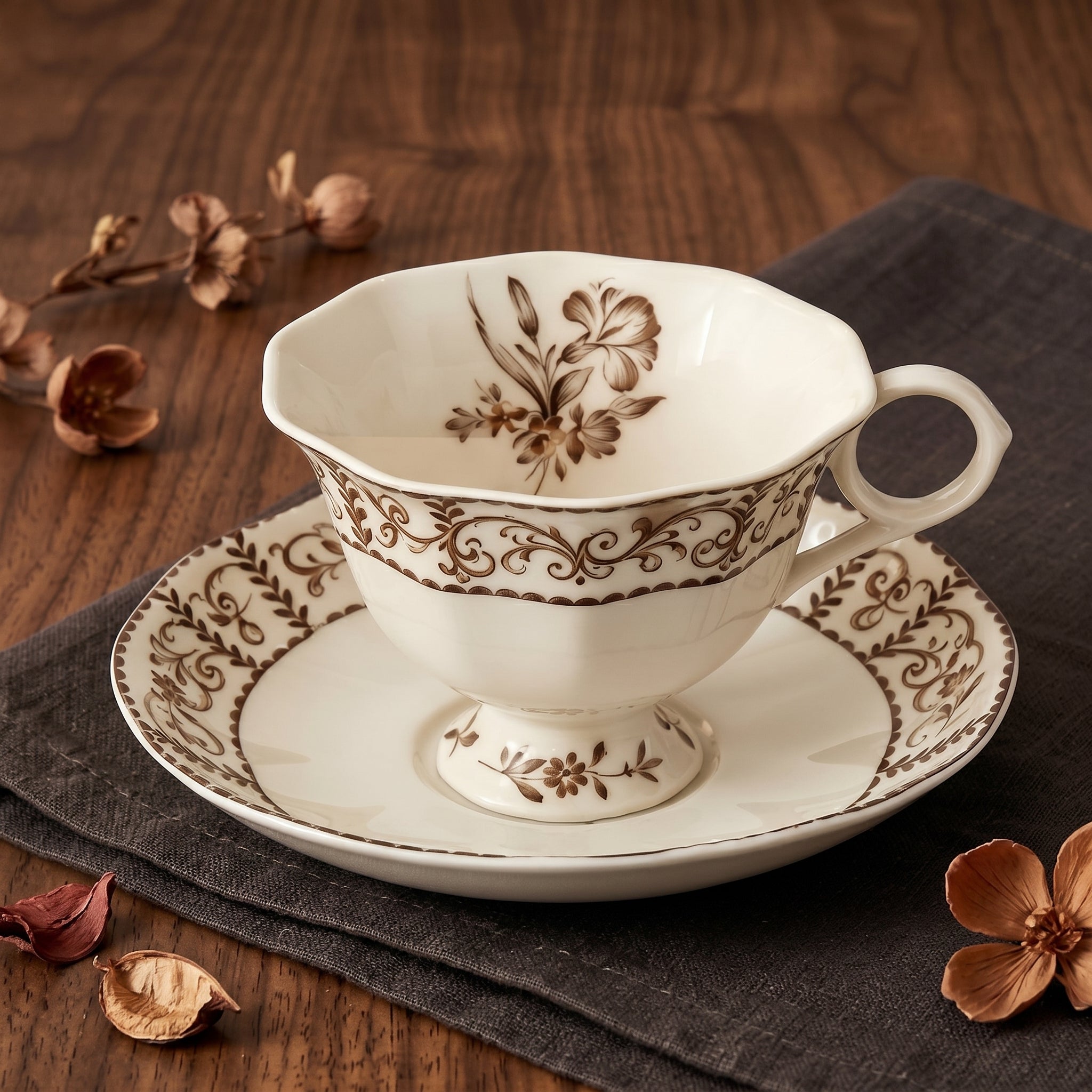 Brown Floral Vintage Porcelain Teacup & Saucer Set
