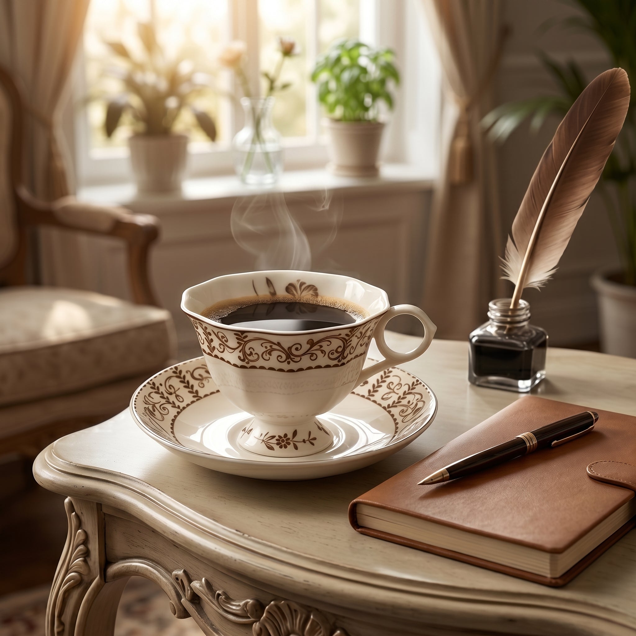 Brown Floral Vintage Porcelain Teacup & Saucer Set