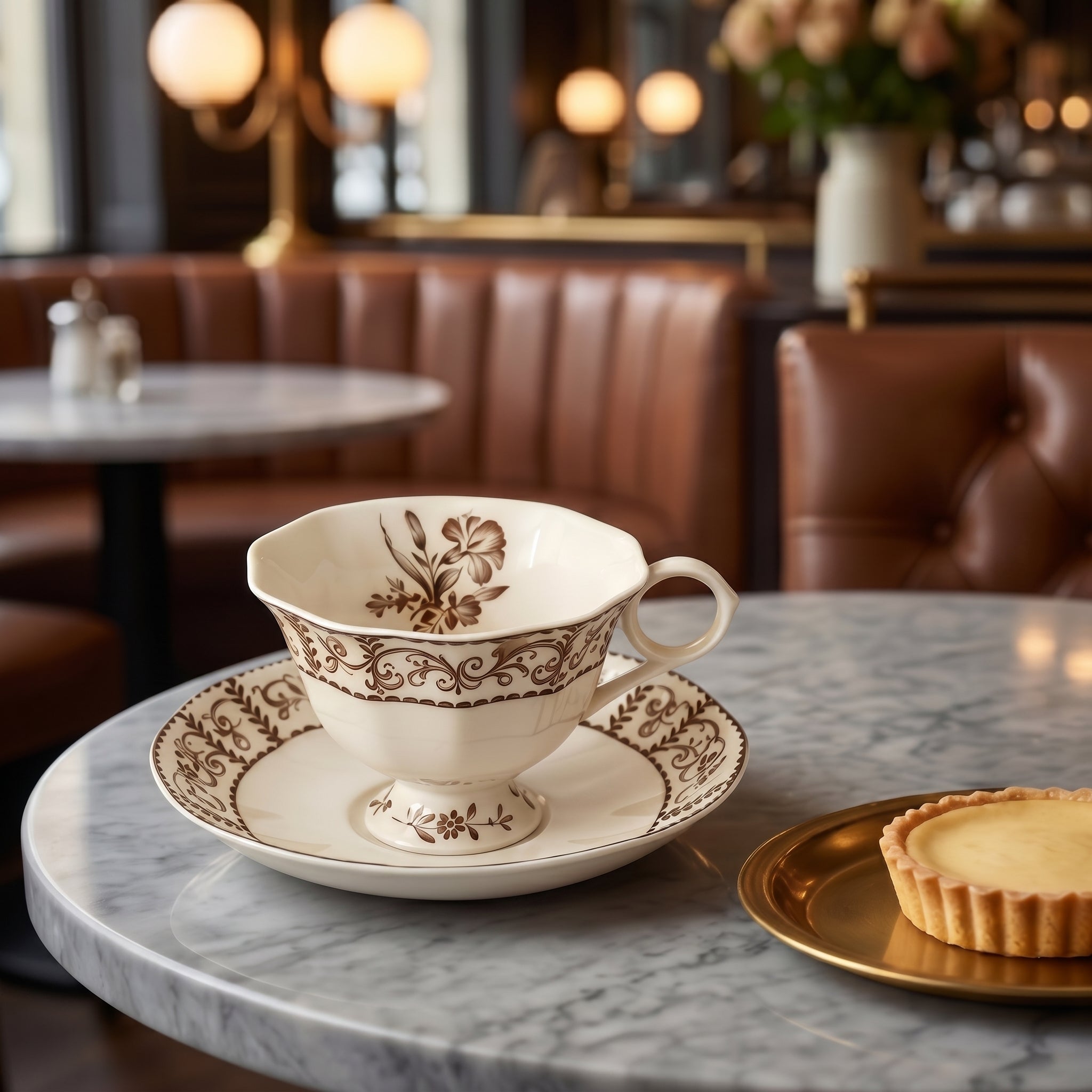 Brown Floral Vintage Porcelain Teacup & Saucer Set
