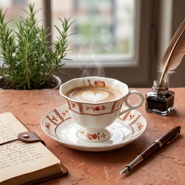 Red Floral Vintage Porcelain Teacup & Saucer Set
