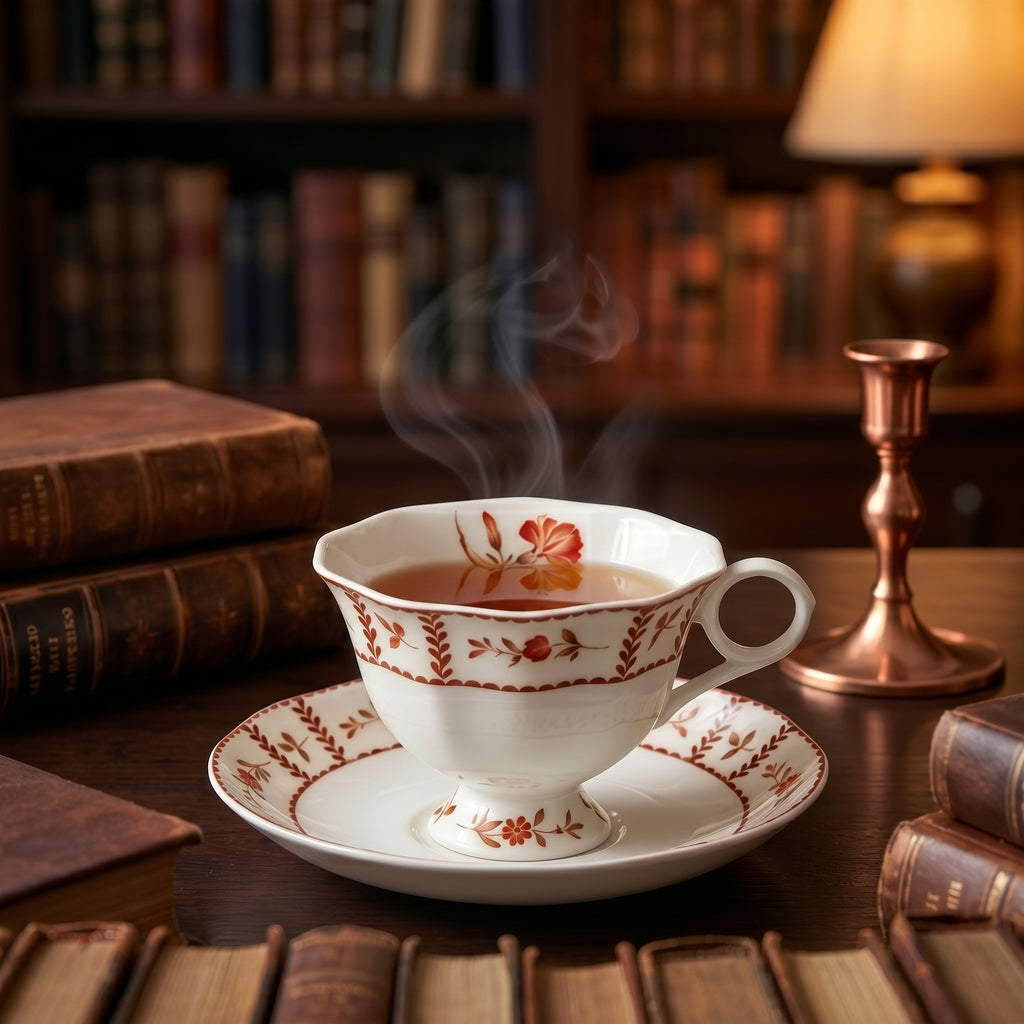 Red Floral Vintage Porcelain Teacup & Saucer Set