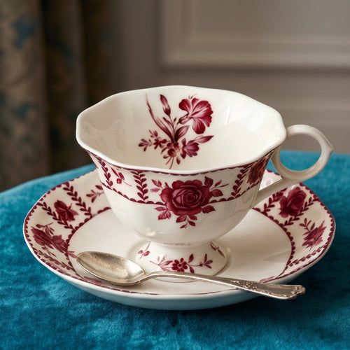 Burgundy Rose Vintage Porcelain Teacup & Saucer Set